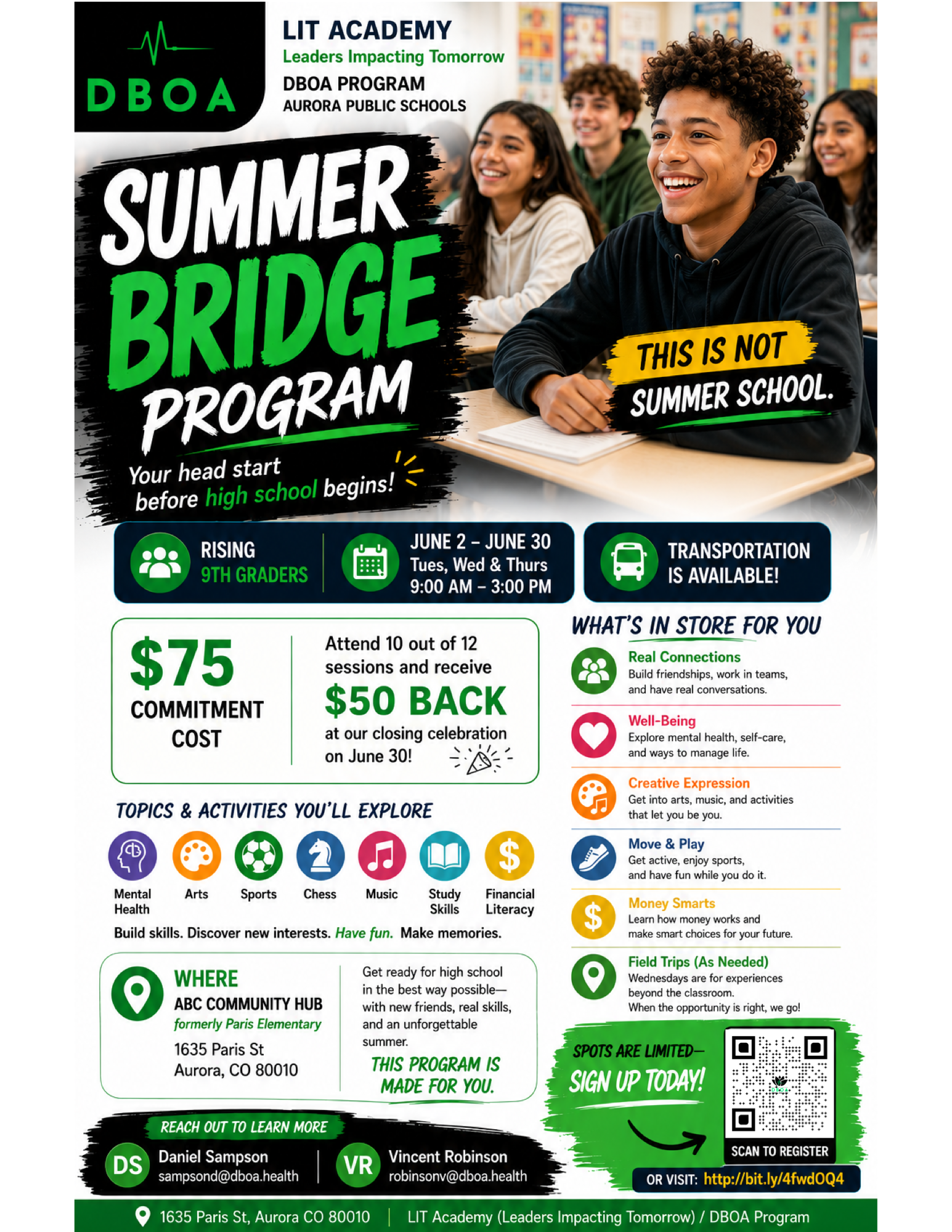 LIT Academy Summer Bridge Program flyer — June 2–30, 2026